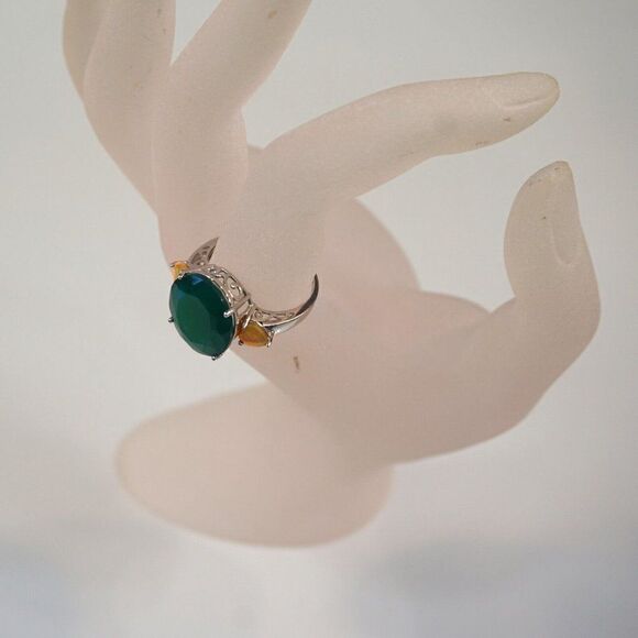 Jadeite w Yellow Tourmaline Gemstone Cocktail Ring Sterling Silver Signed Sz 9 - Picture 8 of 13